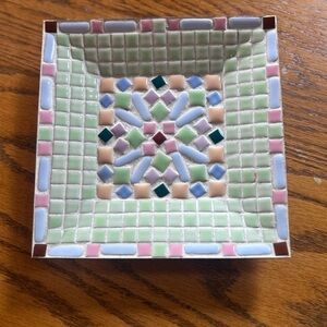 Vintage MCM Handmade Mosaic Tile Trinket Dish Pastel Geometric Brass Backed